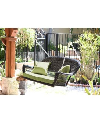 Jeco - Black Resin Wicker Porch Swing with Sage Green Cushion