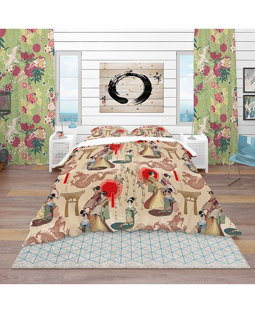 Japanese Geishas And Dragons Oriental Duvet Cover Set King