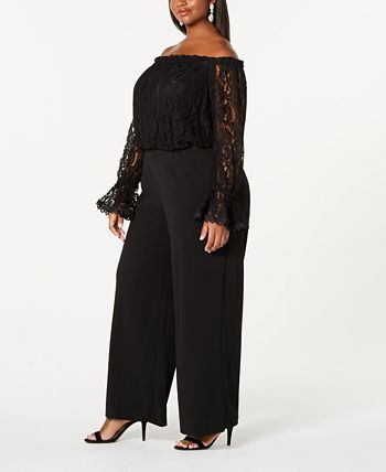 Adrianna Papell Plus Size Off-The-Shoulder Lace Jumpsuit - Macy's