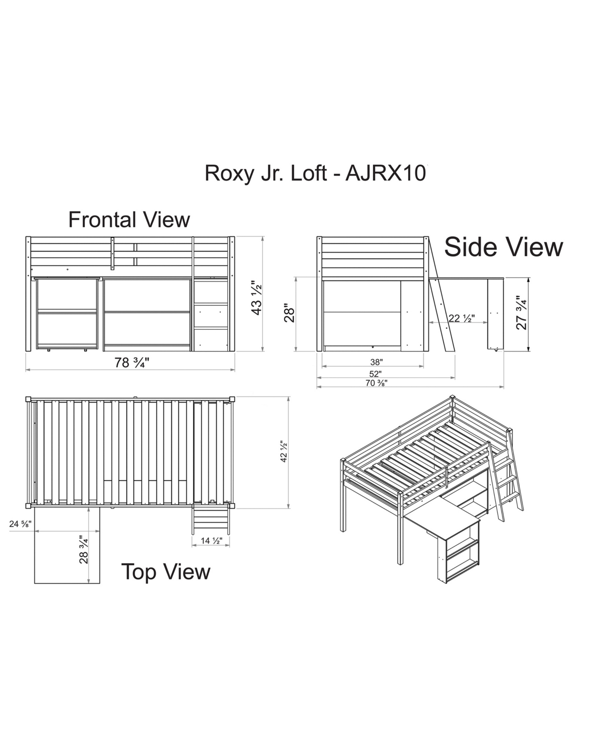 Roxy Junior Loft Bed with Storage Drawers, Bookshelf and Desk