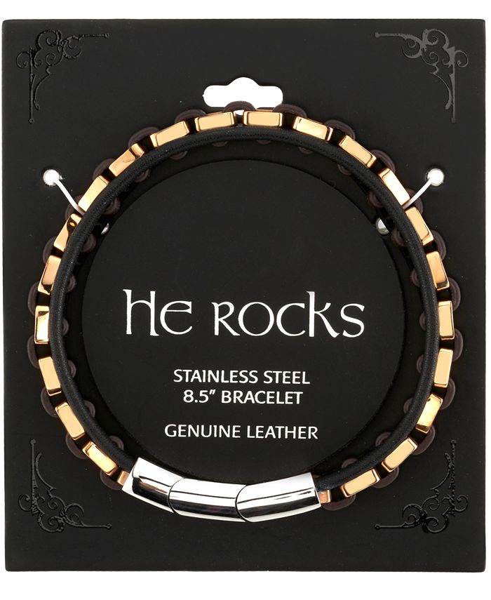 He Rocks Genuine Leather Bracelet with Rose Gold-Tone Stainless Steel ...