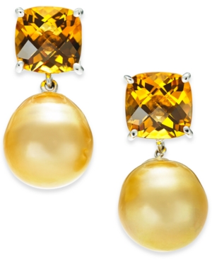 image of Cultured Golden South Sea Pearl (12mm) & Citrine (5-5/8 ct. t.w.) Drop Earrings in Sterling Silver