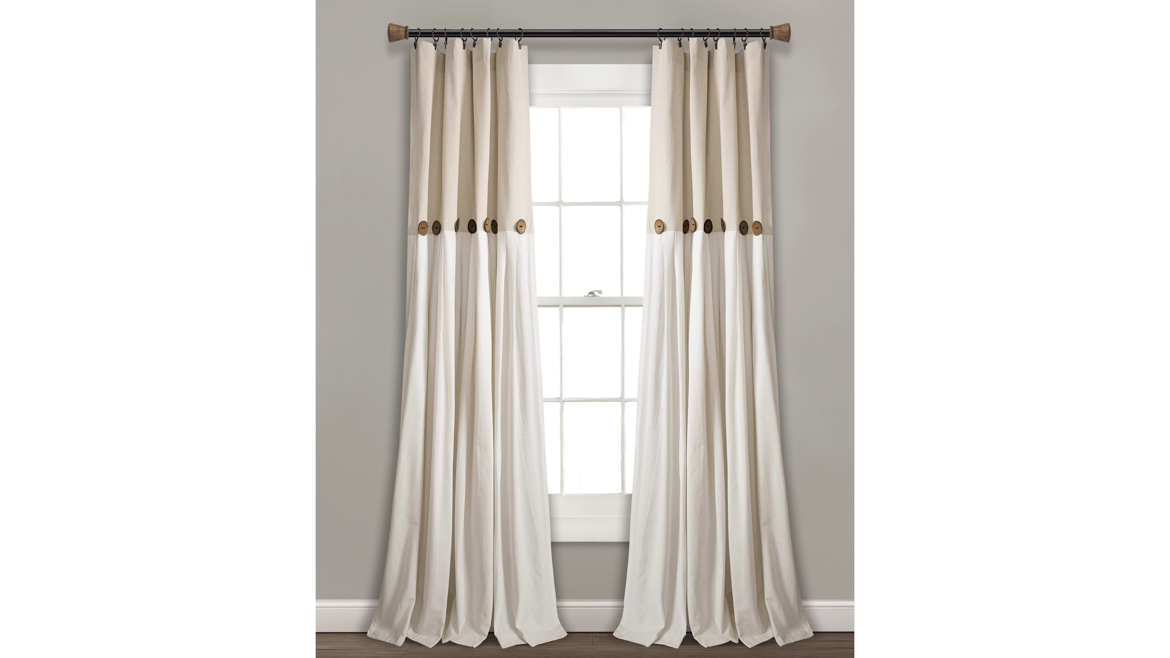 Lush Decor Linen Button Window Curtain Panel, Single- Country Curtains - Rustic Color Block Modern Farmhouse