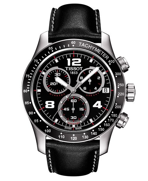 Tissot Men's Swiss Chronograph V8 Black Leather Strap Watch 43mm