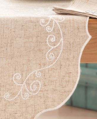 French Perle Linen Embroidered Centerpiece, 14" x 36" 