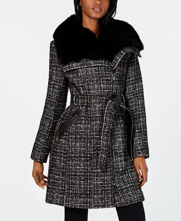 Via Spiga Asymmetrical Belted Faux Fur Collar Coat Macy s