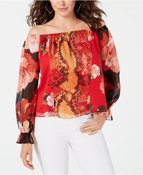 Guess Off The Shoulder Snakeskin Print Top Reviews Macy S