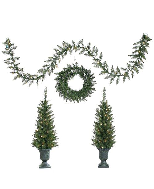 Sterling 4pc Norway Pine Set Pre Lit Potted Trees Unlit Wreath