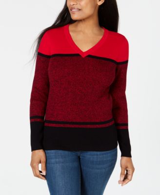 Karen Scott - Striped V-Neck Cotton Sweater, Created for Macy's
