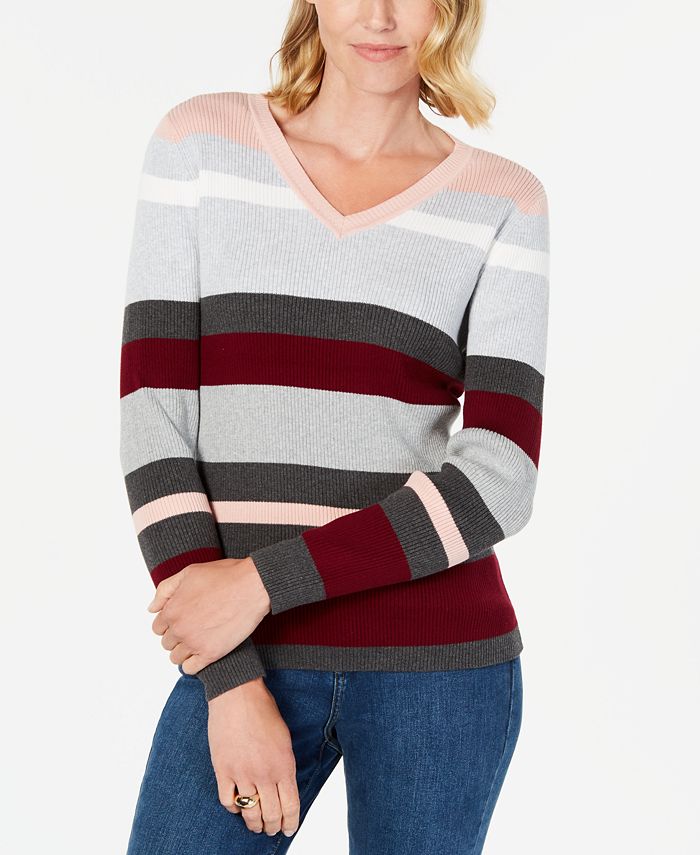 Karen Scott Petite Emma Cotton Striped Sweater, Created for Macy's - Macy's