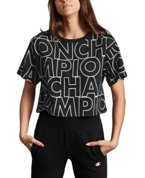 Champion Cotton Logo-print Cropped T-shirt In Big Block Text Mix Chalk White