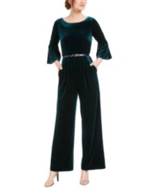 Plus Size Velvet Bell-Sleeve Belted Wide-Leg Jumpsuit