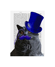 Fab Funky Grey Cat with Blue Top Hat and Blue Moustache Canvas Art - 19.5" x 26"