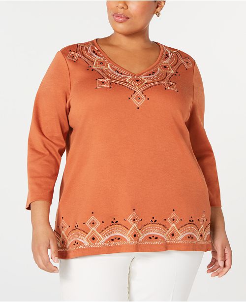 Alfred Dunner Plus Size Street Smart Embroidered 3 4 Sleeve Top