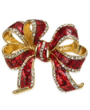 image of Holiday Lane Gold-Tone Crystal & Epoxy Gift Bow Pin, Created for Macy-s