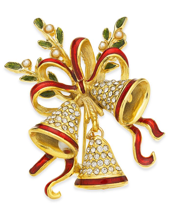 Holiday Lane Gold Tone Crystal Imitation Pearl Triple Bell Pin