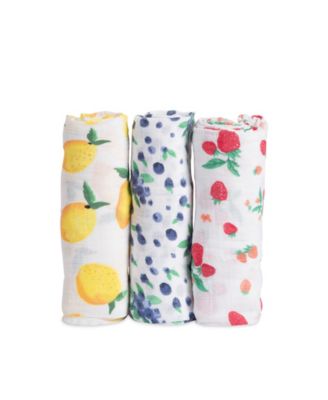 Little Unicorn Watercolor Roses Cotton Muslin 3-Pack Swaddle Blanket Set - Strawberry Lemon and Blueberry Prints 50$