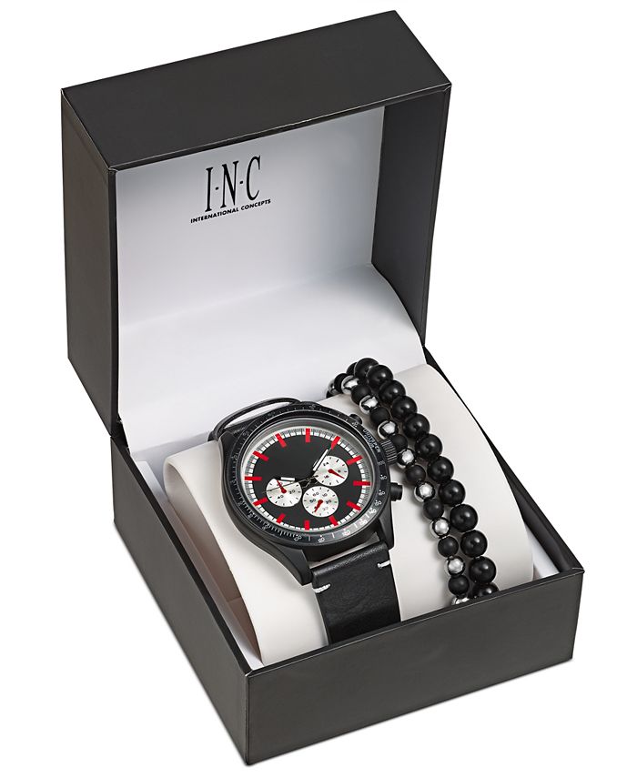 INC International Concepts INC Men's Black Leather Strap Watch 48mm