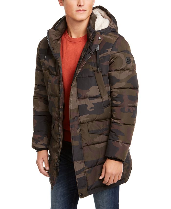 Calvin klein men's long puffer with sherpa hood sales