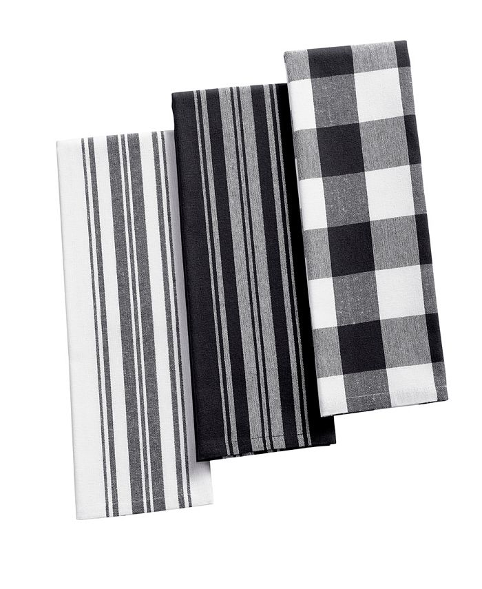 Elrene - Farmhouse Living Stripe and Check Tan/White Kitchen Towels, Set of 3