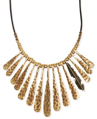 Lucky Brand Necklace, Gold-Tone Fan Feather Leather Cord Necklace - Macy's