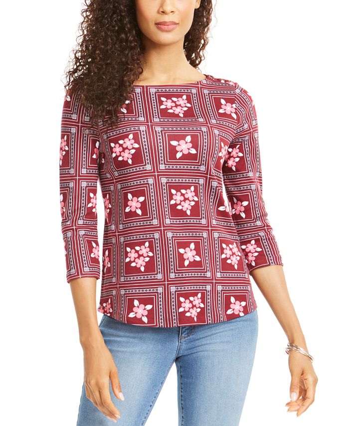 Charter Club Petite Printed 3 4 Sleeve Cotton Top Created for