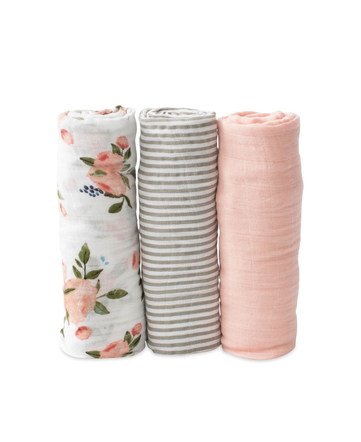 Shop Little Unicorn Watercolor Roses Cotton Muslin 3-pack Swaddle Blanket Set In Watercolor Roses,grey Stripe And Rose P