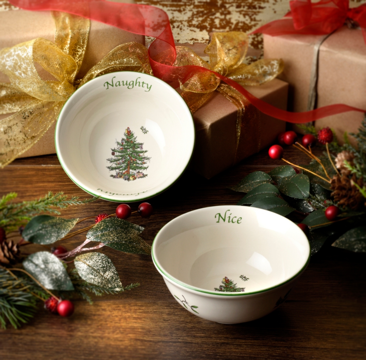 Spode Christmas Tree Naughty And Nice Dip Bowl Set In Green,multi