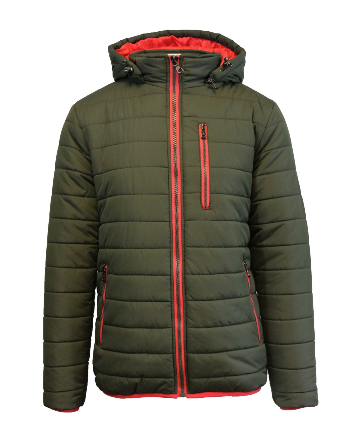 Spire By Galaxy Men's Puffer Bubble Jacket with Contrast Trim - Olive-Red