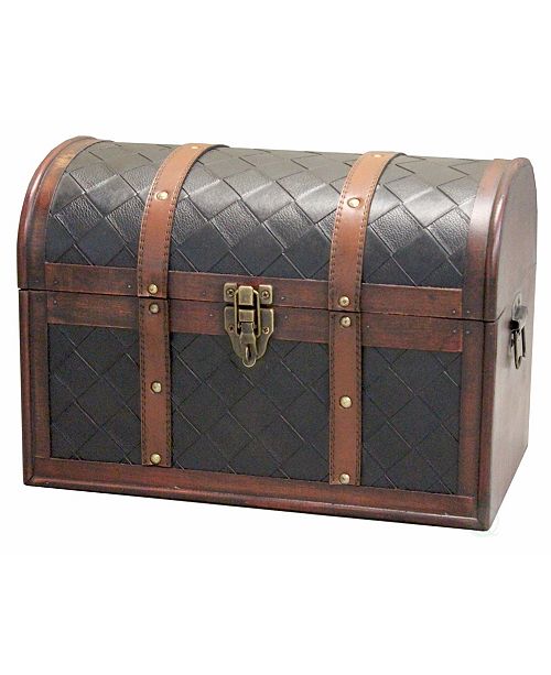 Vintiquewise Wooden Leather Round Top Treasure Chest Decorative