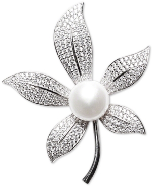 image of Cultured Freshwater Pearl (10mm) & Cubic Zirconia Leaf Pin in Sterling Silver