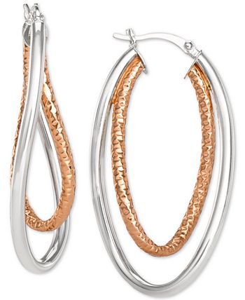 Macy's - Two-Tone Textured & Polished Twist Hoop Earrings in Sterling Silver & 18k Rose Gold-Plate