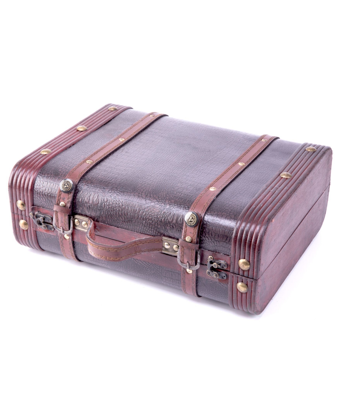 Vintiquewise Decorative Wooden Leather Suitcase In Brown