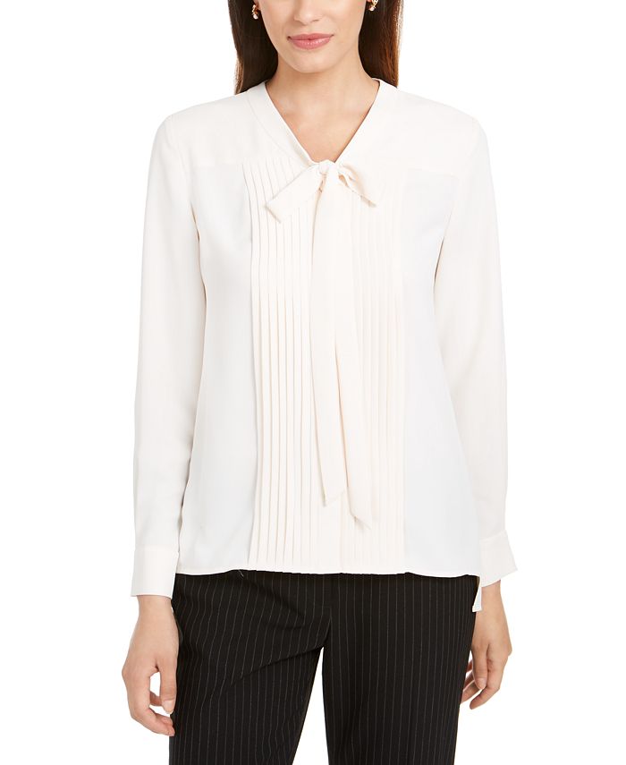 Anne Klein Pleated Tie-Neck Button-Up Top & Reviews - Tops - Women - Macy's