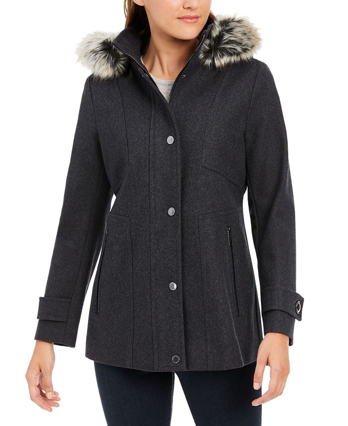London Fog Zip-Front Faux-Fur-Trim Hooded Coat - Macy's
