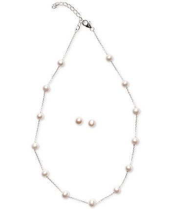 Macy's - Cultured Freshwater Pearl Station Necklace (6-6/12mm), 16" + 2" Extender, and Cultured Freshwater Pearl Stud Earrings (6-1/2-7mm) Set in Sterling Silver or 18k Gold Over Sterling Silver