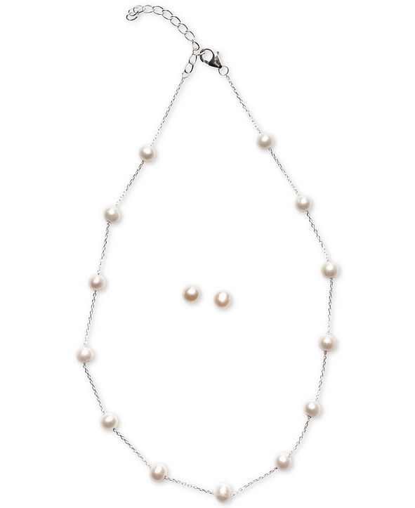 Macy's Cultured Freshwater Pearl Station Necklace and Stud Earrings Set