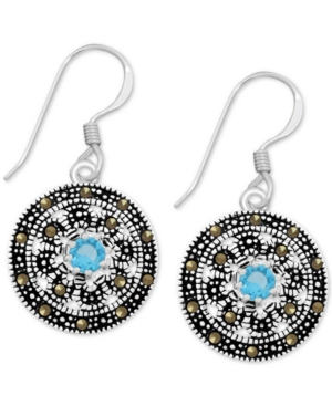 image of Genuine Swarovski Marcasite Aqua Stone Drop Earrings in Fine Silver-Plate