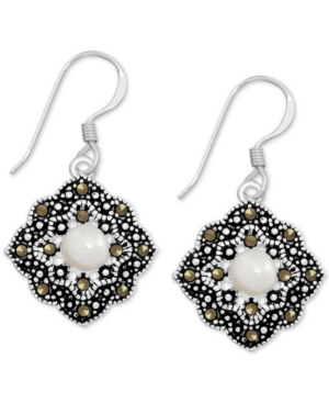 image of Genuine Swarovski Marcasite & Freshwater Pearl (5mm) Open Diamond-Shape Drop Earrings in Fine Silver-Plate