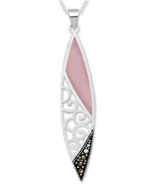 image of Genuine Swarovski Marcasite & Pink Shell Filigree 18