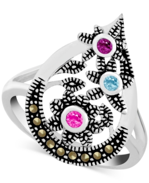 image of Genuine Swarovski Marcasite & Multicolor Crystal Openwork Ring in Fine Silver-Plate