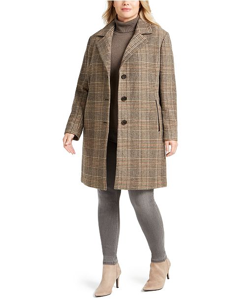 DKNY Plus Size Plaid Faux-Leather Trim Walker Coat, Created for Macy's ...