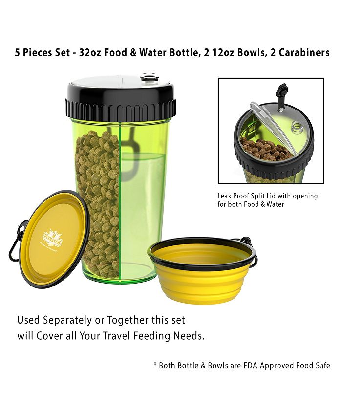 PetMaker - 3-In-1 Travel Pet Feeding Containers-Complete 5-PC Set of 2 Collapsible Bowls, 1 Dual Sided Bottle for Food and Water, 2 Carabiner Clips by