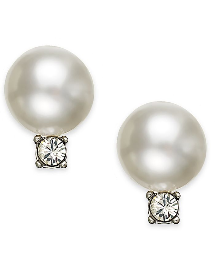 Swarovski Earrings, Rhodium-Plated Crystal Pearl Drop Earrings Stud ...