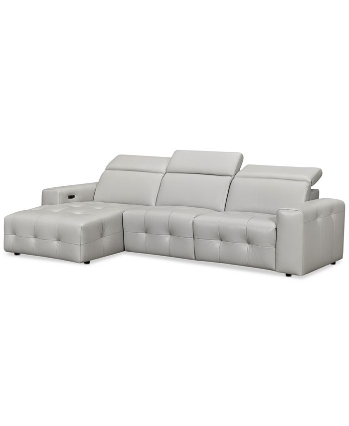 Closeout Haigan 3 Pc Leather Chaise Sectional Sofa With 2 Power Recliners Created For Macy S Light Grey