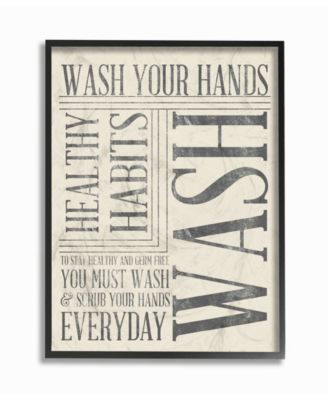 Home Decor Wash Your Hands Typography Bathroom Framed Giclee Art, 11" x 14"