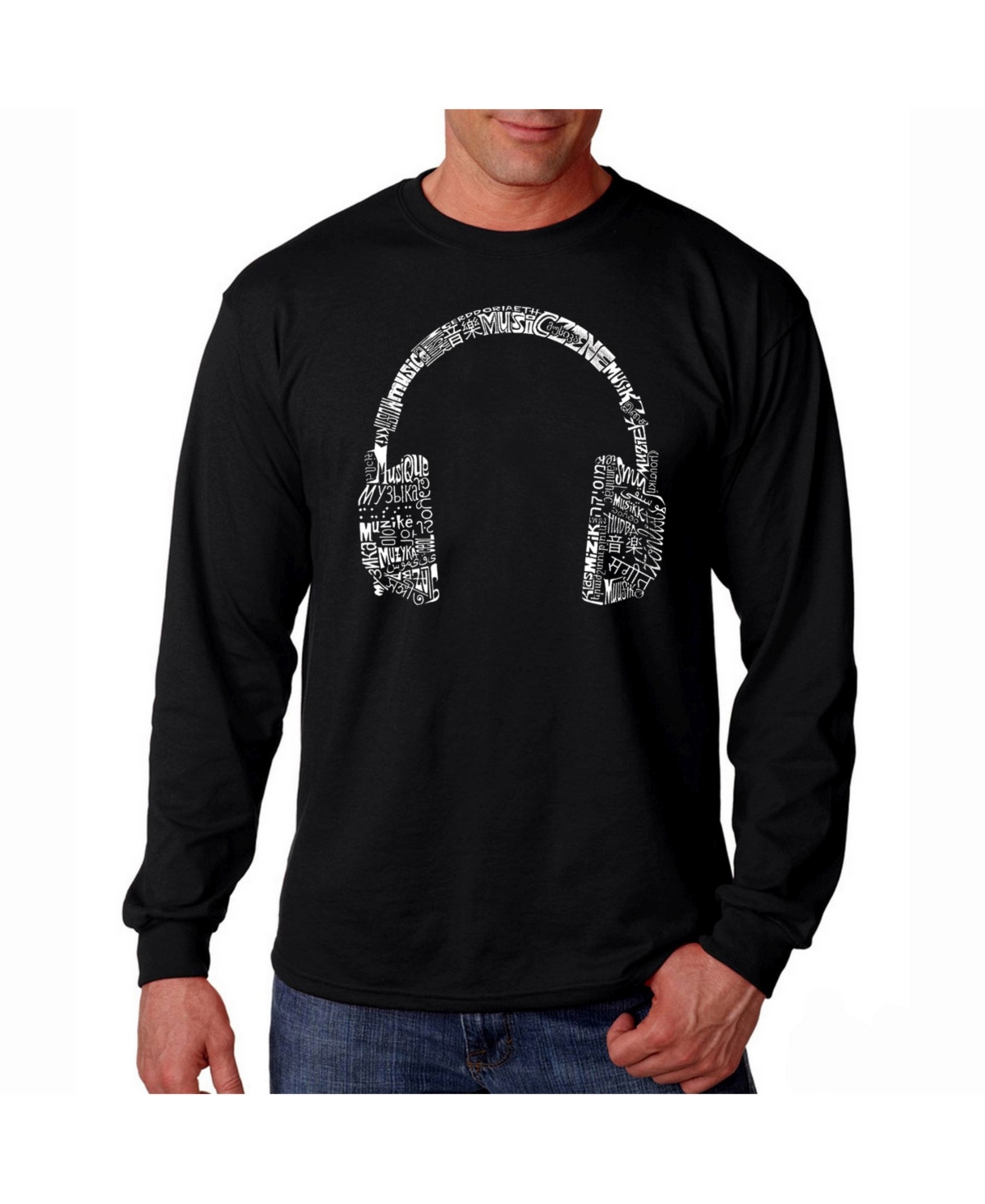 Men's Word Art Long Sleeve T-Shirt- Headphones - Music In Different Languages - Black