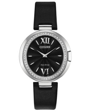 image of Citizen Eco-Drive Women-s Capella Diamond-Accent Black Leather Strap Watch 34mm