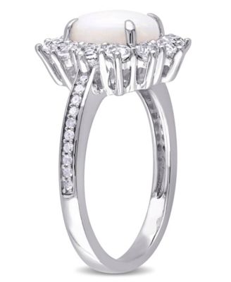Oval Cut Opal (1 ct. t.w.), White Topaz (1 ct. t.w.) and Diamond (1/10 ct. t.w.) Halo Ring in Sterling Sterling Silver