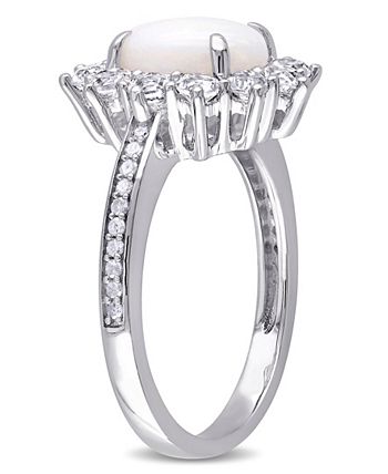 Delmar - Oval Cut Opal (1 ct. t.w.), White Topaz (1 ct. t.w.) and Diamond (1/10 ct. t.w.) Halo Ring in Sterling Sterling Silver